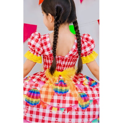 Vestido Junino Infantil Xadrez Vermelho com Balões Coloridos