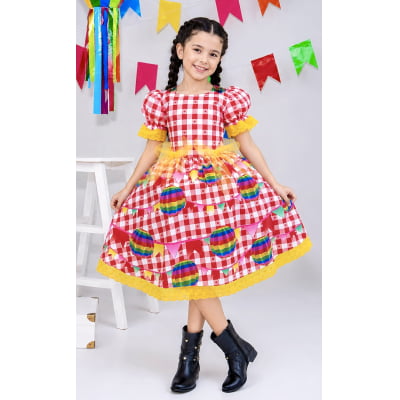 Vestido Junino Infantil Xadrez Vermelho com Balões Coloridos