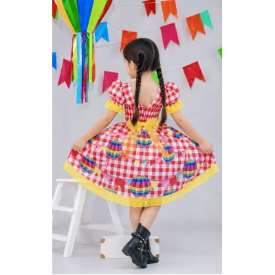 Vestido Junino Infantil Xadrez Vermelho com Balões Coloridos