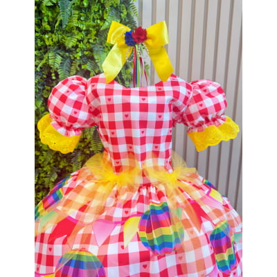 Vestido Junino Infantil Xadrez Vermelho com Balões Coloridos