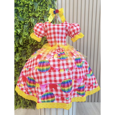 Vestido Junino Infantil Xadrez Vermelho com Balões Coloridos