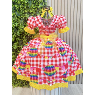 Vestido Junino Infantil Xadrez Vermelho com Balões Coloridos