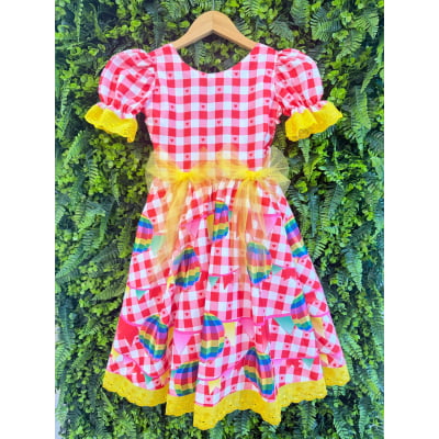 Vestido Junino Infantil Xadrez Vermelho com Balões Coloridos