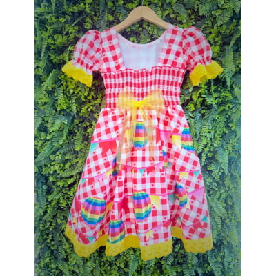 Vestido Junino Infantil Xadrez Vermelho com Balões Coloridos