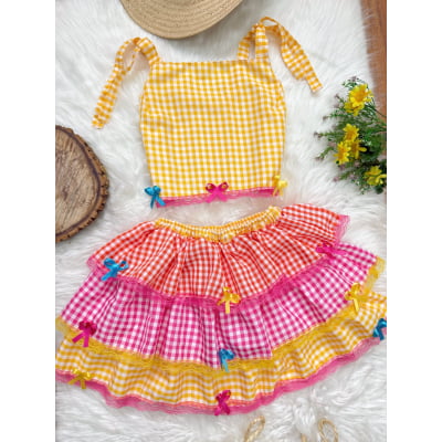 Conjunto Adulto Junino Cropped C/ Saia Amarelo Xadrez Colorido