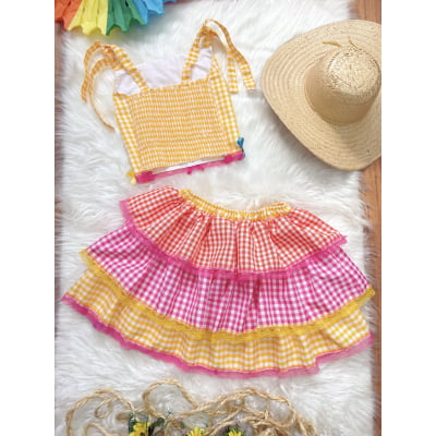 Conjunto Adulto Junino Cropped C/ Saia Amarelo Xadrez Colorido