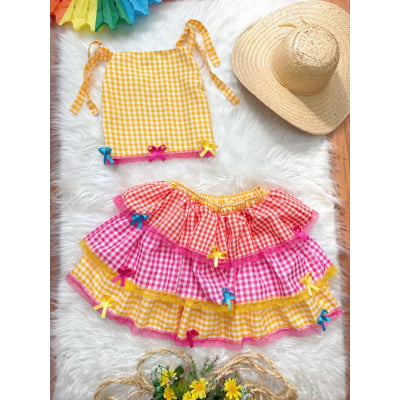 Conjunto Adulto Junino Cropped C/ Saia Amarelo Xadrez Colorido