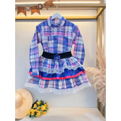 Conjunto Luxo Adulto Junino Camisa e Saia Xadrez Azul Colorido