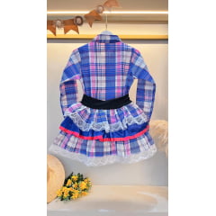 Conjunto Luxo Adulto Junino Camisa e Saia Xadrez Azul Colorido