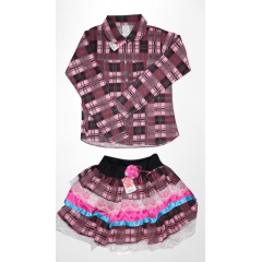 Conjunto Luxo Adulto Junino Camisa e Saia Xadrez Marsala Colorido