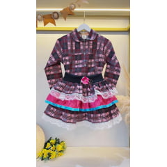 Conjunto Luxo Adulto Junino Camisa e Saia Xadrez Marsala Colorido