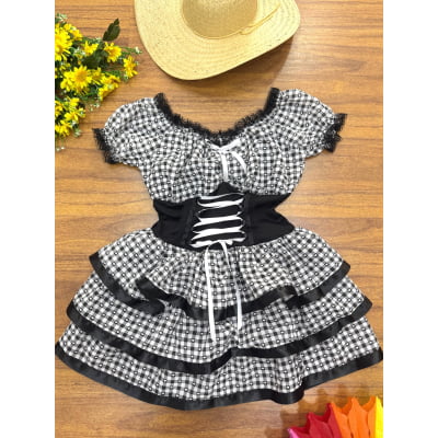 Vestido Adulto Junino Arraiá Preto Xadrez Festas