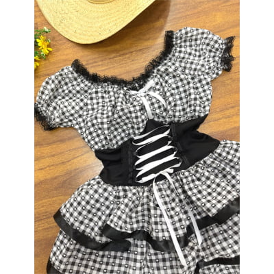 Vestido Adulto Junino Arraiá Preto Xadrez Festas