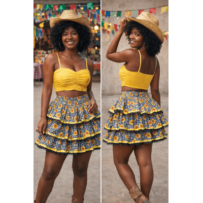 Saia Adulto Junino Arraiá Festas Xadrez Preto Girassol Saia Adulto Junino Arraiá Festas Xadrez Preto Girassol