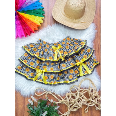 Saia Adulto Junino Arraiá Festas Xadrez Preto Girassol