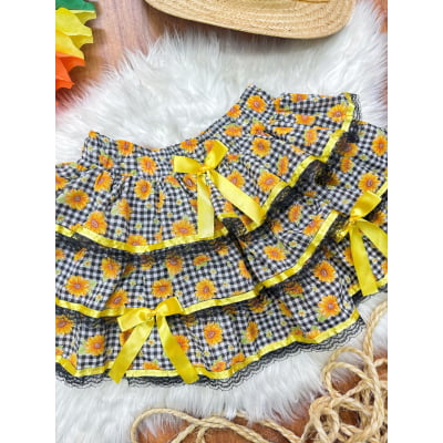 Saia Adulto Junino Arraiá Festas Xadrez Preto Girassol