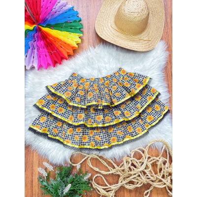 Saia Adulto Junino Arraiá Festas Xadrez Preto Girassol