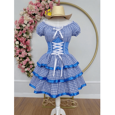 Vestido Adulto Junino Arraiá Caipira Xadrez Azul Festas