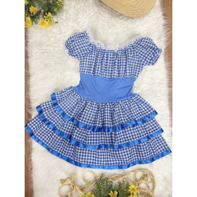 Vestido Adulto Junino Arraiá Caipira Xadrez Azul Festas