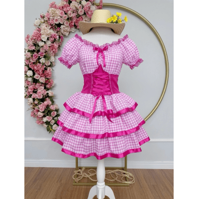 Vestido Adulto Junino Arraiá Caipira Xadrez Pink Festas