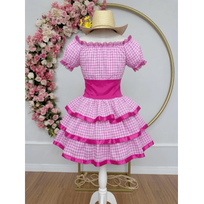 Vestido Adulto Junino Arraiá Caipira Xadrez Pink Festas