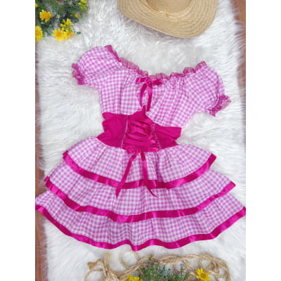 Vestido Adulto Junino Arraiá Caipira Xadrez Pink Festas