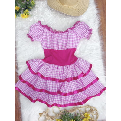 Vestido Adulto Junino Arraiá Caipira Xadrez Pink Festas
