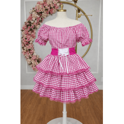 Vestido Adulto Junino Arraiá Festas Pink Xadrez