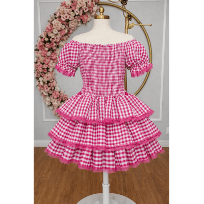 Vestido Adulto Junino Arraiá Festas Pink Xadrez