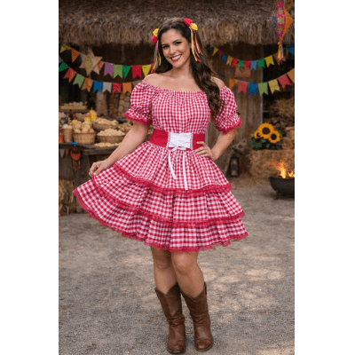 Vestido Adulto Junino Arraiá Festas Vermelho Xadrez