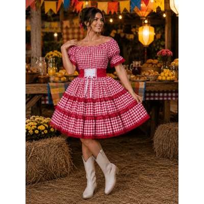 Vestido Adulto Junino Arraiá Festas Vermelho Xadrez Vestido Adulto Junino Arraiá Festas Vermelho Xadrez