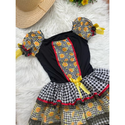 Vestido Adulto Junino Arraiá Preto Xadrez Girassol Babados