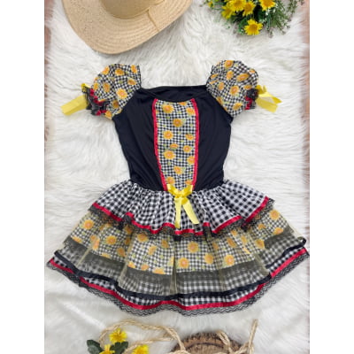 Vestido Adulto Junino Arraiá Preto Xadrez Girassol Babados