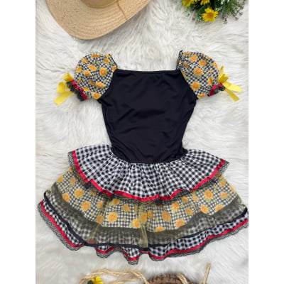 Vestido Adulto Junino Arraiá Preto Xadrez Girassol Babados