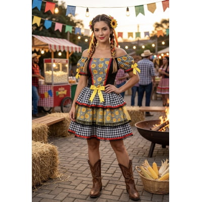 Vestido Adulto Junino Arraiá Preto Xadrez Girassol Babados