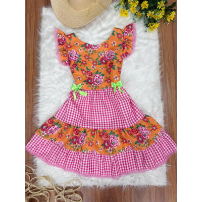Vestido Adulto Junino Caipira Laranja Florido C/ Xadrez Rosa