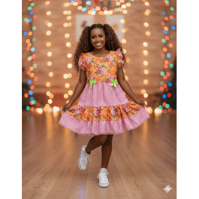Vestido Adulto Junino Caipira Laranja Florido C/ Xadrez Rosa Vestido Adulto Junino Caipira Laranja Florido C/ Xadrez Rosa