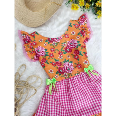 Vestido Adulto Junino Caipira Laranja Florido C/ Xadrez Rosa