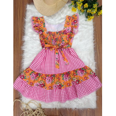 Vestido Adulto Junino Caipira Laranja Florido C/ Xadrez Rosa