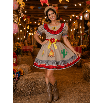 Vestido Adulto Junino Caipira Maria Bonita Colorido Vestido Adulto Junino Caipira Maria Bonita Colorido
