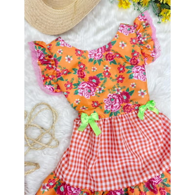Vestido Adulto Junino Caipira Xadrez Laranja Florido