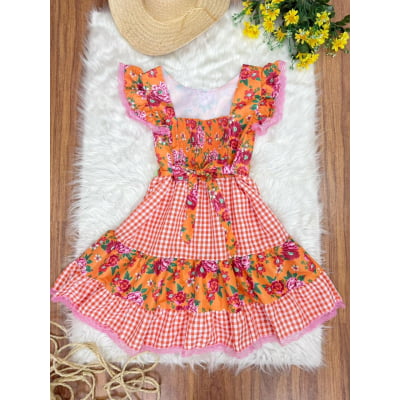Vestido Adulto Junino Caipira Xadrez Laranja Florido