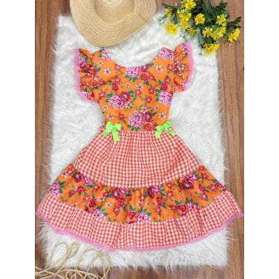 Vestido Adulto Junino Caipira Xadrez Laranja Florido