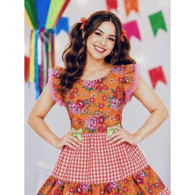 Vestido Adulto Junino Caipira Xadrez Laranja Florido