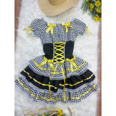 Vestido Adulto Junino Preto Xadrez Arraiá Laço Amarelo