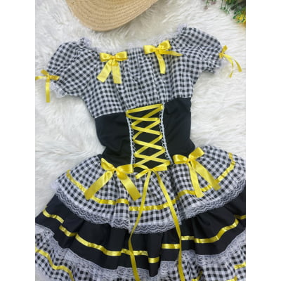 Vestido Adulto Junino Preto Xadrez Arraiá Laço Amarelo