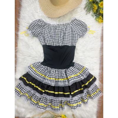Vestido Adulto Junino Preto Xadrez Arraiá Laço Amarelo