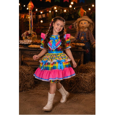 Vestido Infantil Junino Caipira Xadrez Colorido Estampado