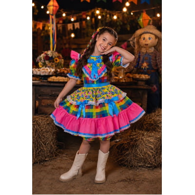 Vestido Infantil Junino Caipira Xadrez Colorido Estampado