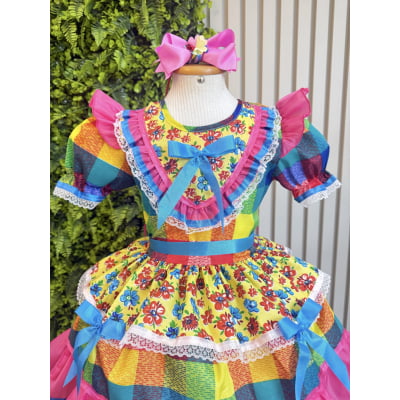 Vestido Infantil Junino Caipira Xadrez Colorido Estampado